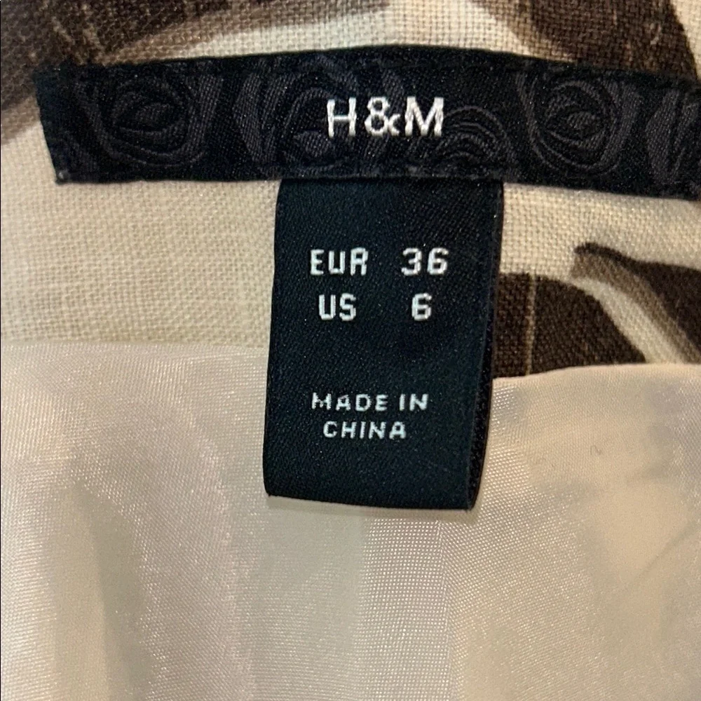 🤎 H&M Brown & Ivory Leaf Print Lined Linen A-Line Skirt Women’s Size 6 - Picture 12 of 16